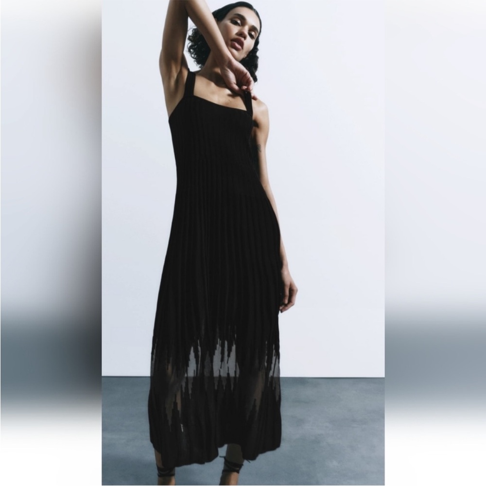 Zara Semi Sheer Mixed Midi Dress Black M Medium NWT